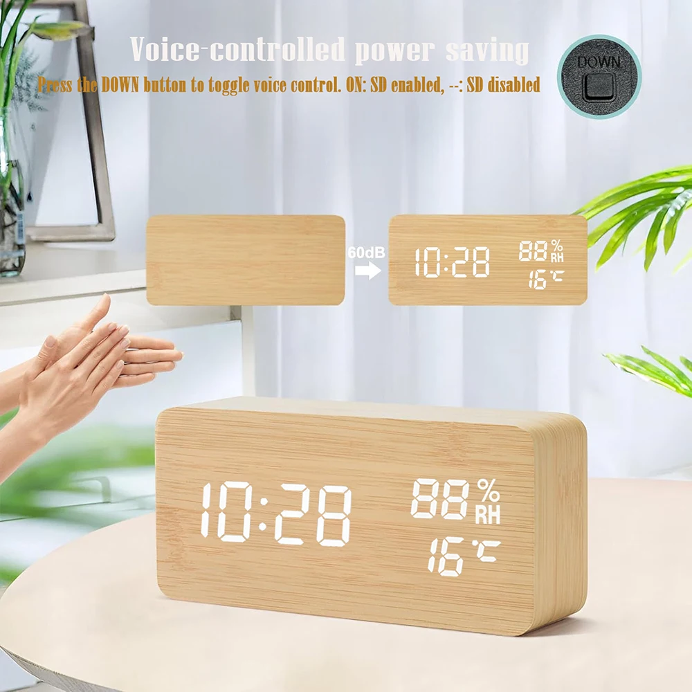 Wooden digital alarm clock with temperature humidity LED for office bedroom bedside decor gift