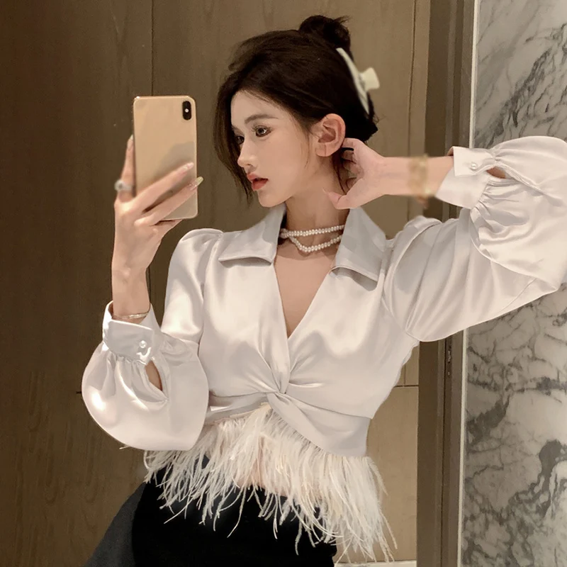 

Elegant Satin Tassel Chic Sexy Blouse For Women Feather Shirts Patchwork Crop Tops Long Sleeve Slim Solid Ladies