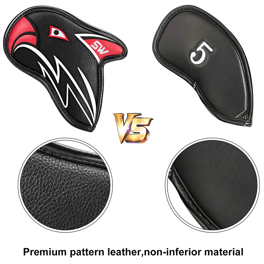 11pcs Golf Iron Head Covers Thicken Eagle PU Leather Soft Black Embroideried Protector Waterproof Durable Fit Most Clubs Wedge