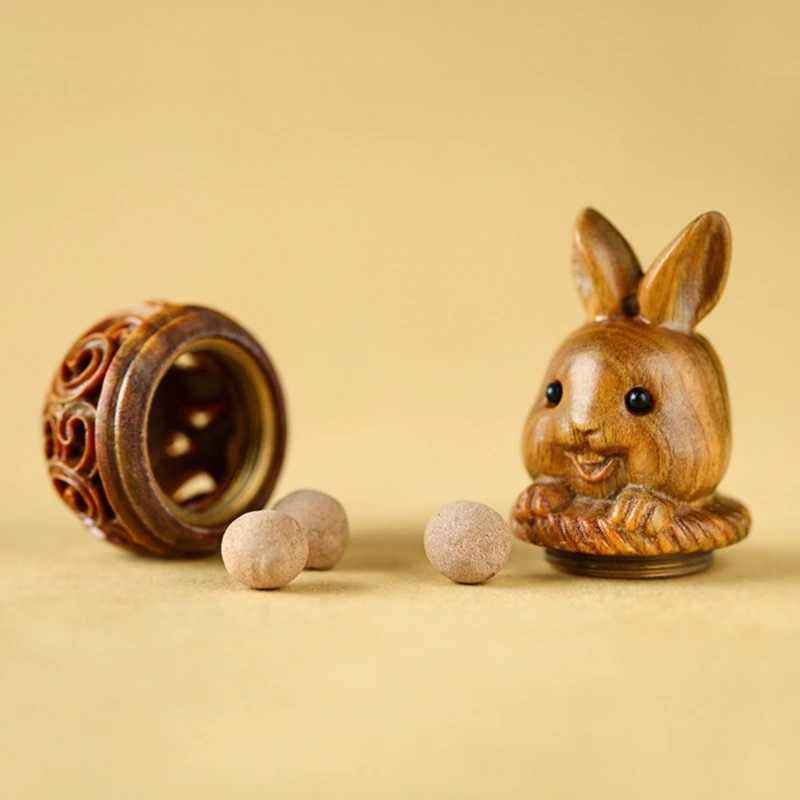 Mini Wood Pills Storage Can, 3D Carved Rabbit Designs Box, Pendant Accessories for Essential Oils and Small Items 2