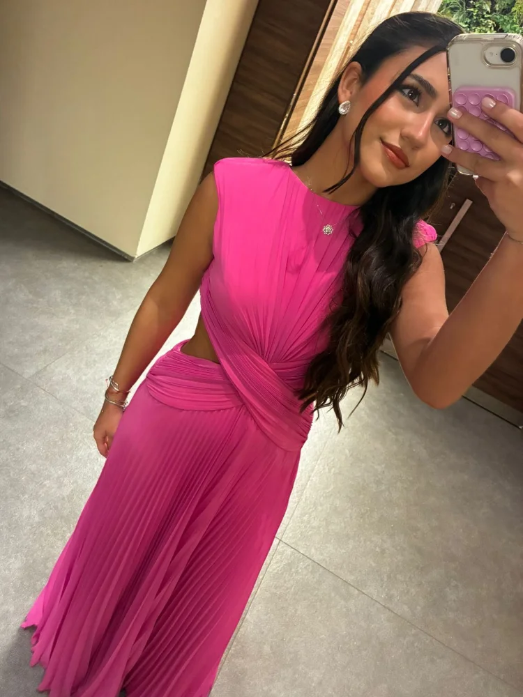 Plissiertes Taillenschnürendes Langes Kleid Damen Sexy Rundhals Ärmellos Rückenfrei Schlankes Party-Abendkleid Charmante Damen-Partykleidung