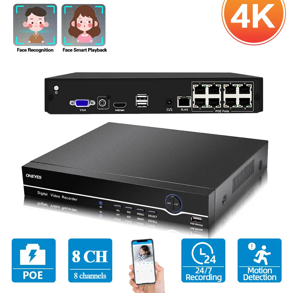

Система видеонаблюдения XMEYE, сетевой видеорегистратор 4K, 8 каналов, 8 Мп, POE, NVR, 4C, H.265