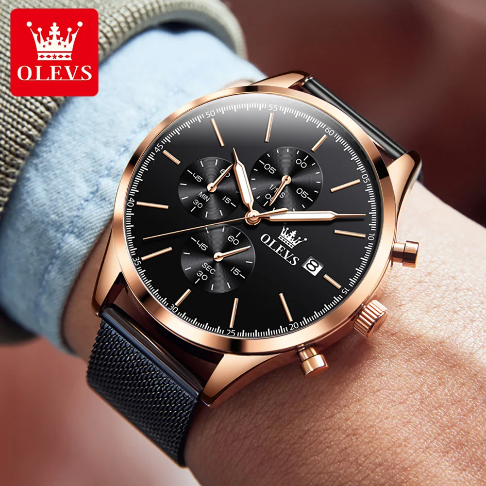 OLEVS Mens Watches Top Brand Luxury Stainless Steel Mesh Strap Quartz Watch Men Waterproof Chronograph Watch Relogio Masculino