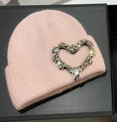 Luxury Rhinestones Heart Pattern Knitted Hats for Women Winter Warm Beanie Knit Bonnet Outdoor Wool Skullies Skiing Cap