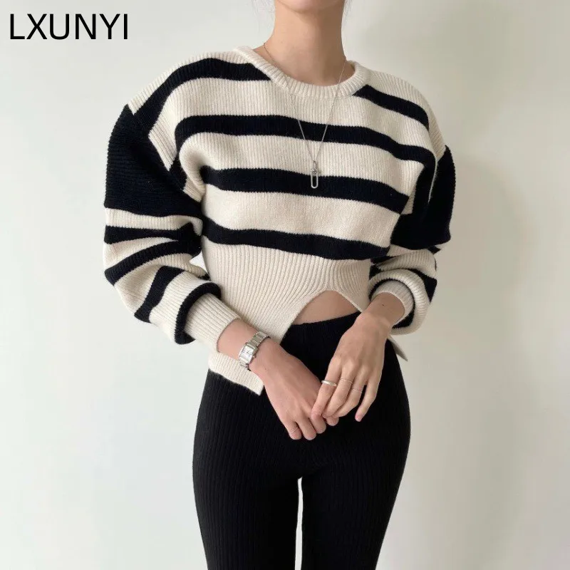 

LXUNYI Korean Fashion Split Sweater Female Pullover Autumn New O Neck Slim Thin Contrast Color Striped Knit Tops Batwing Sleeve