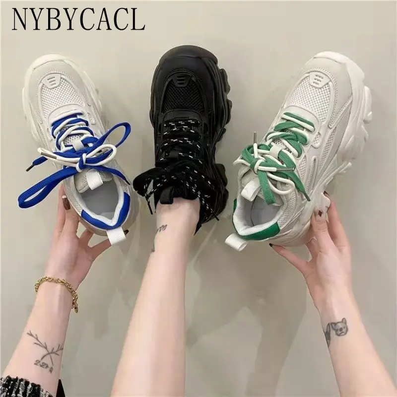 Summer Hot Sale Chunky Heel Internal Increase Sneaker Flats For Women Lace Up Comfortable Shoes Woman Fashion Popular Brand New