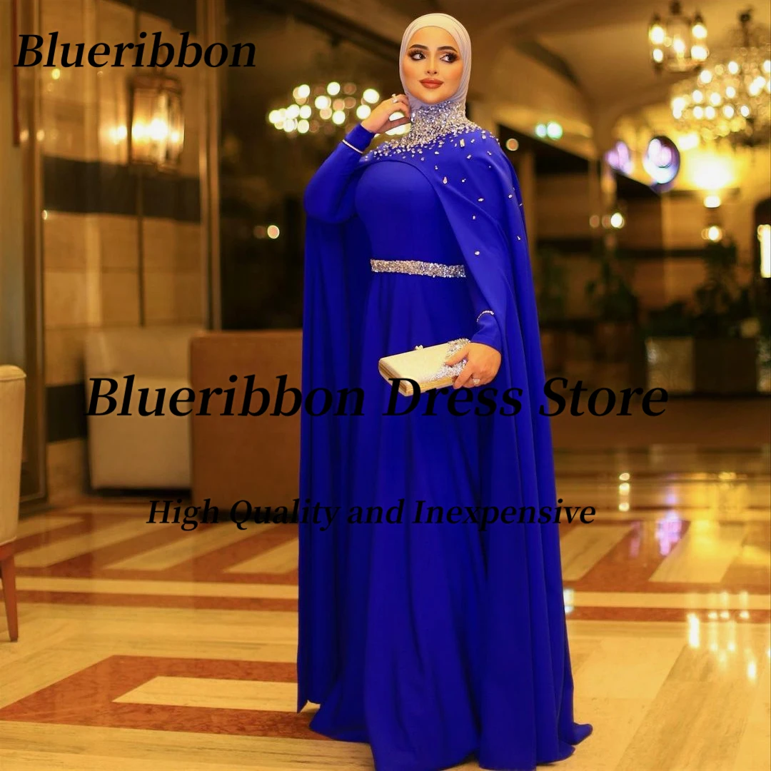 

Blueribbon Royal Blue Luxury Evening Dresses for Women 2024 Long Sleeves Sash Prom Dress High Collar Beaded Wraps Vestidos Des