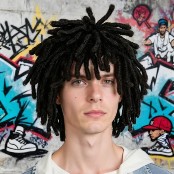 Parrucca sintetica da uomo con dreadlocks corti neri: acconciatura Locs testurizzata elegante e autentica per la moda, il cosplay o l'uso quotidiano