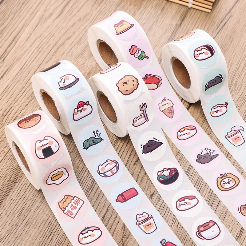 500Pcs/Roll 2.5cm/1inch Circular Cute Cartoon Sushi Pattern Decorative Sticker Baked Dessert Lunch Box Label Decor Sticker