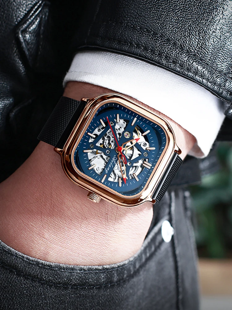 AILANG Top Skelett Quadrat Mechanesch Fir Männer Automatesch Handgelenk Waasserdicht Mesh Gürtel es_voghion.com