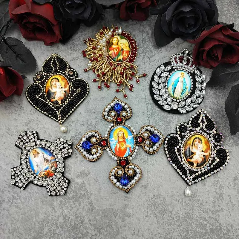 

Embroidery Bead Applique Mary Cross Rhinestone Crown Heart Handmade Angel Patch Sewing For Clothing Bag Hat Jacket Decoration