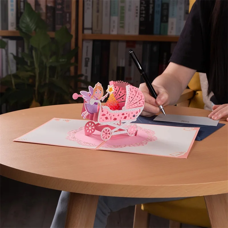 1st First Birthday Gift Card For Newborn 3D Baby Carriage Little Fairy Greeting Cards For Baby Shower Invitation Pink Blue