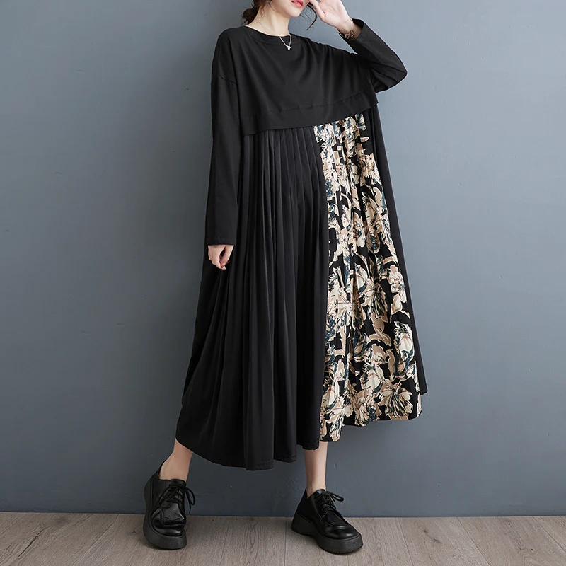 

SuperAen 2024 Spring Korean New Loose Size Fashion Style Spliced Long Length Retro Long Sleeve Shirt Dress