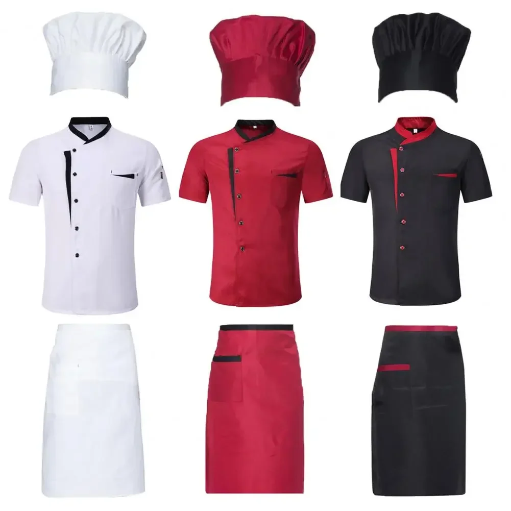 

Stand Restaurant Uniform Hotel Works Chef Sleeve Set Cooking Kitchen Collar Unisex Jacket 3pcs/set Shirt Hat Short Apron Clothes