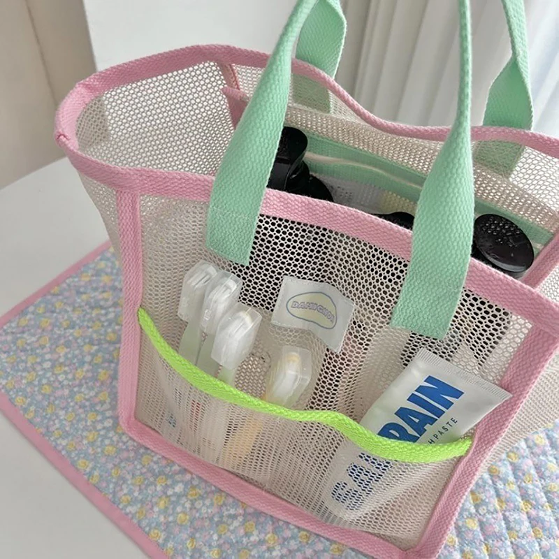 

Ins Pink Green Contrast Beach Bag Children's Toy Mesh Portable Storage Bag Outdoor Travel Swimming Toiletry Storage Bag