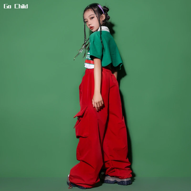 여아 힙합 크롭탑 레드 카고 배기 팬츠, 어린이 폴로 셔츠, 스트리트 댄스, 느슨한 조거 의류 세트, 어린이 스트리트웨어, 십대 티셔츠