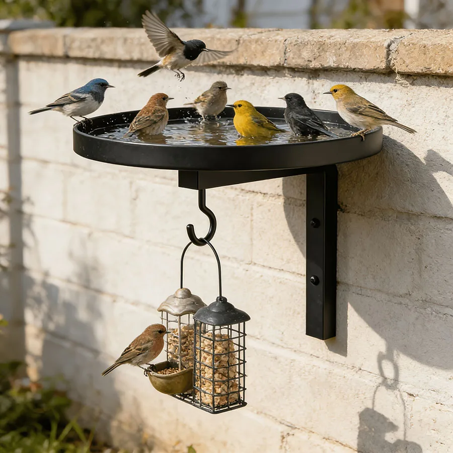 Vasca per Uccelli in Metallo da Parete con Gancio per Mangiatoia, Ciotola Resistente per Esterni, Facile da Installare per Giardino, Patio e Recinzione, Ideale per Uccelli - immagine 3
