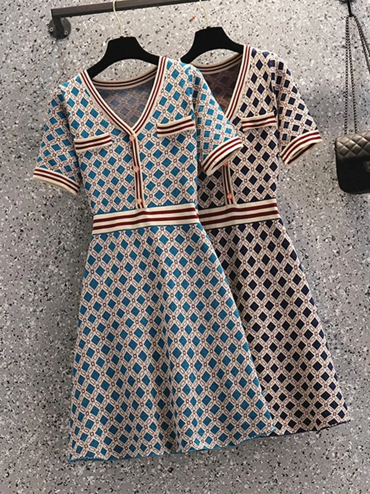ZRFTVCXKY Summer Runway Sweater Dress Women Designer V-Neck Short Sleeve Vintage Lattice Elastic Knitte A-Line Dresses Vestidos | Женская