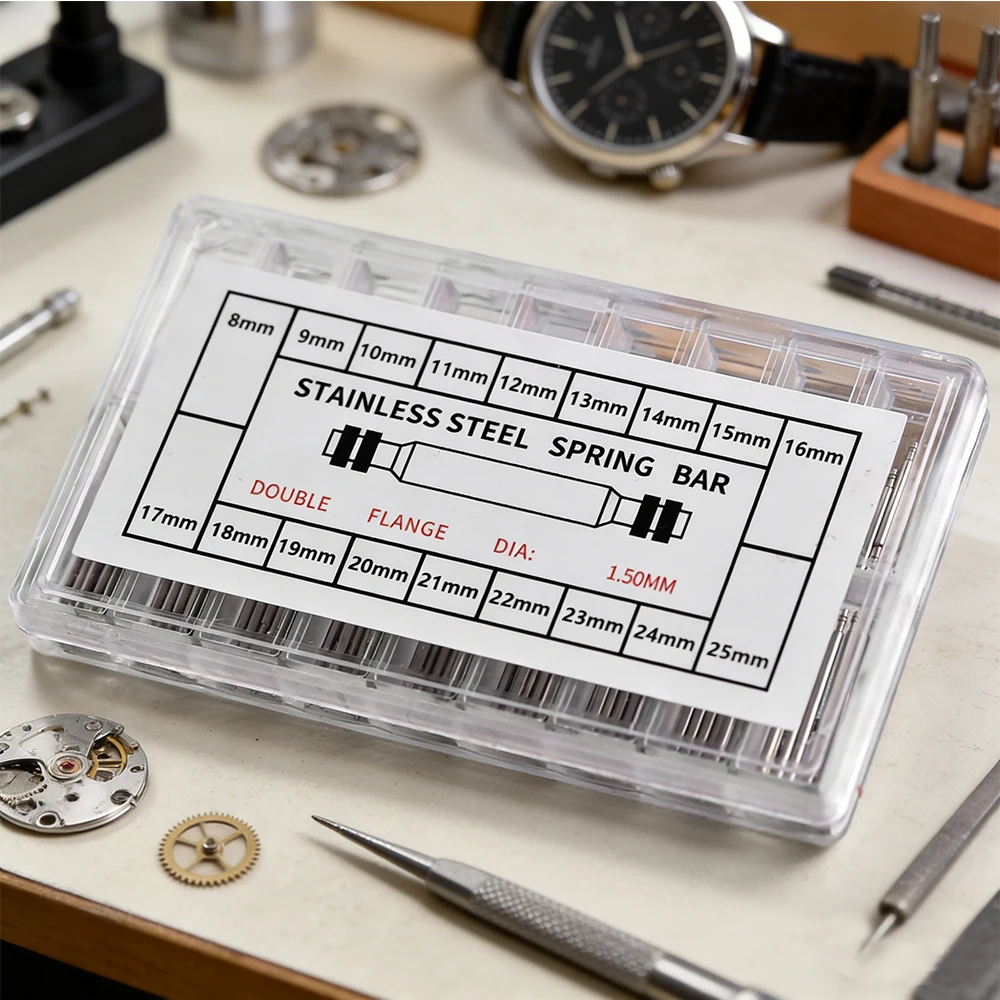 STAPELP 1.5mm 솔리드 더블 플랜지 시계 스프링 바 8mm-25mm 스테인레스 스틸 시계 밴드 링크 핀 시계 수리 액세서리 키트