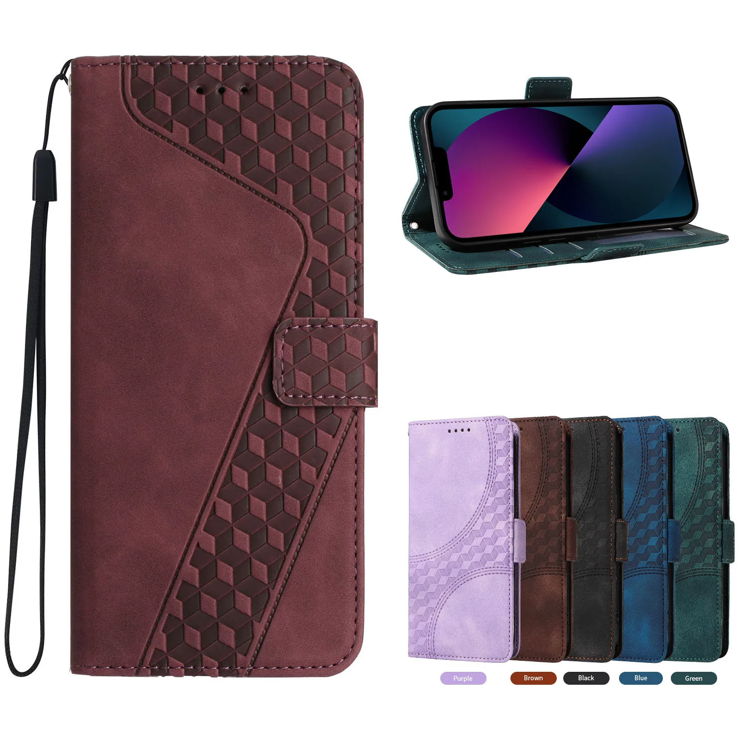 Magnetic Leather Flip Case with Card Slots and Wrist Strap
