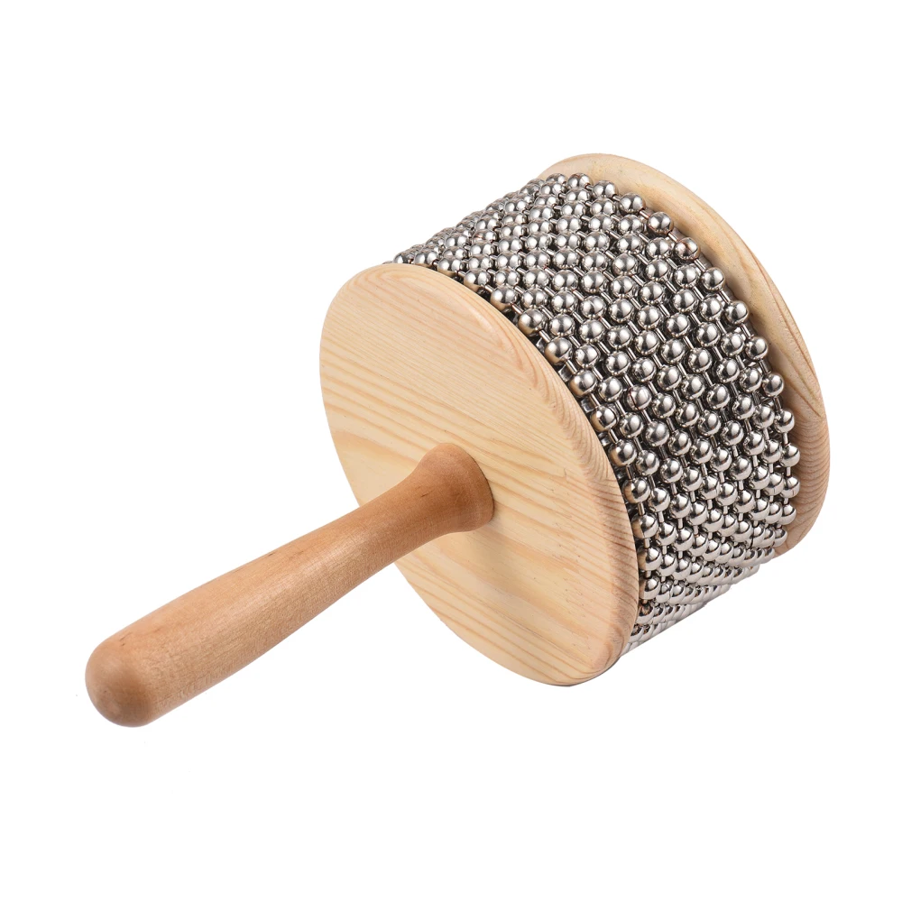 Wooden Cabasa Percussion Musical Instrument Metal Beaded Chain & Cylinder Pop Hand Shaker for Classroom Band Medium Size