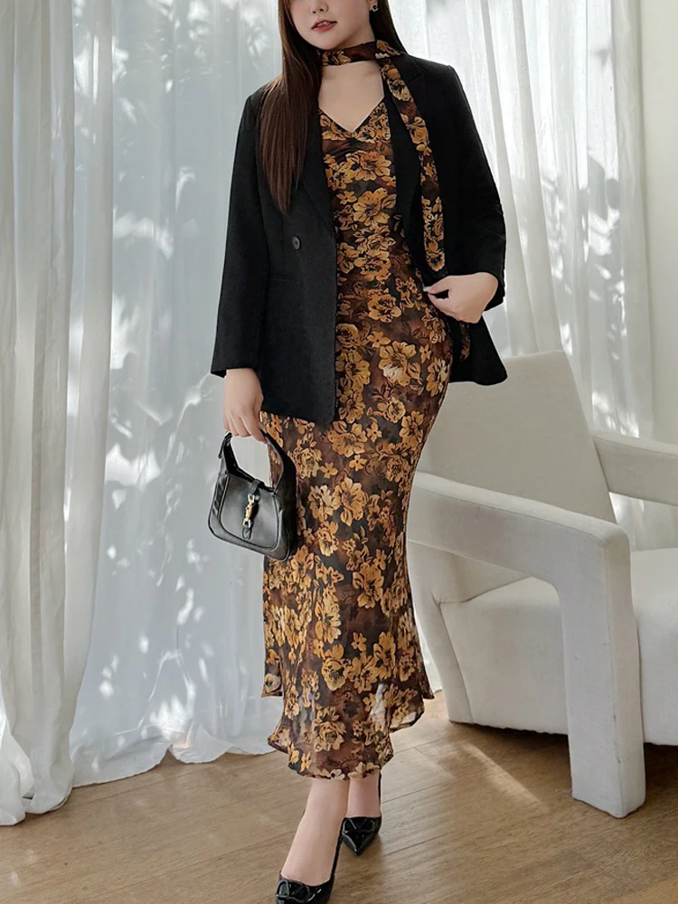 Plus Size Women's Mermaid Dresses Premium Sexy Spicy Girl Style Golden Yellow Floral Print With Ribbon V-Neck Diagonal Cut