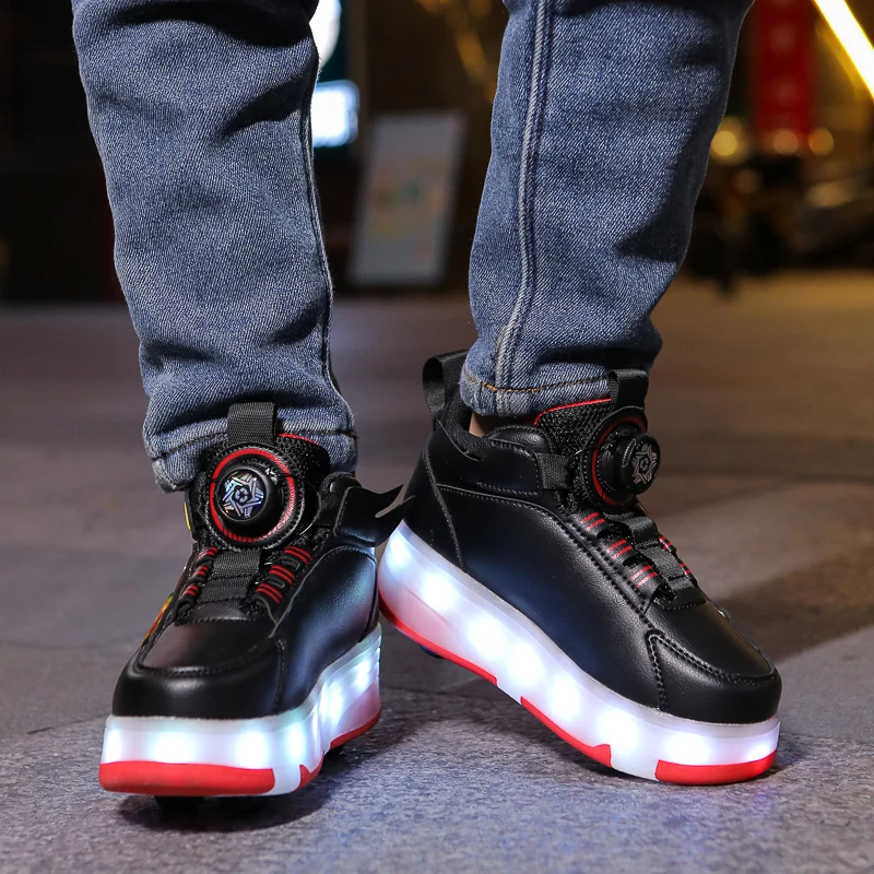 New children's four-wheel novice light up rotary button automatic shrinkage fast walking shoes for boys sneakers