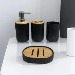 4-Piece Plastic Bathroom Accessories Set with Toothbrush Holder, Mouthwash Cup, Soap Dispenser, and Soap Dish (Black round)