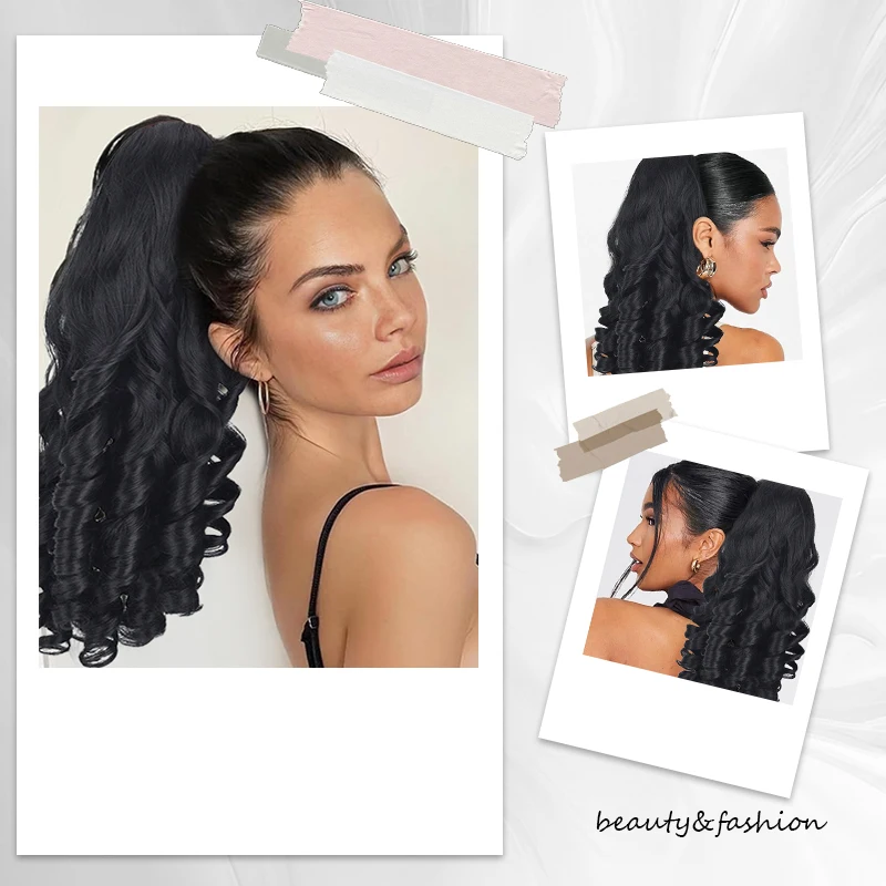 16inch Roman Curl Hair Ponytail Wig Synthetic Wavy Ponytail Extensions with Drawstring&2 Comb Clips Ringlets Hairpiece for Women