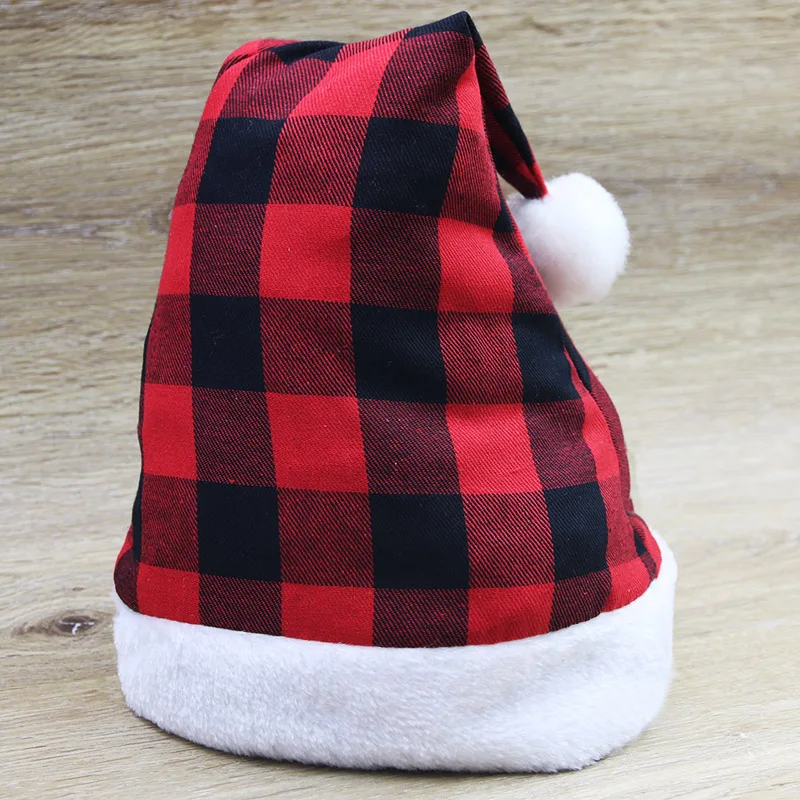 (1 Pcs/bag)28cm Checkered Christmas Hat Plush Edges Christmas Decoration Children Cute Adults New Year's Photo Atmosphere
