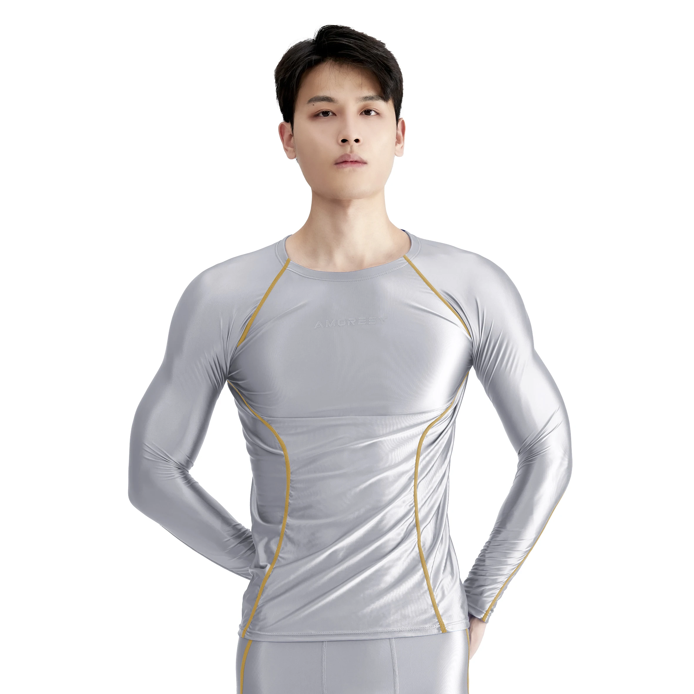 Round neck tight long sleeve T-shirt for men gloss compression sports Fitness spandex