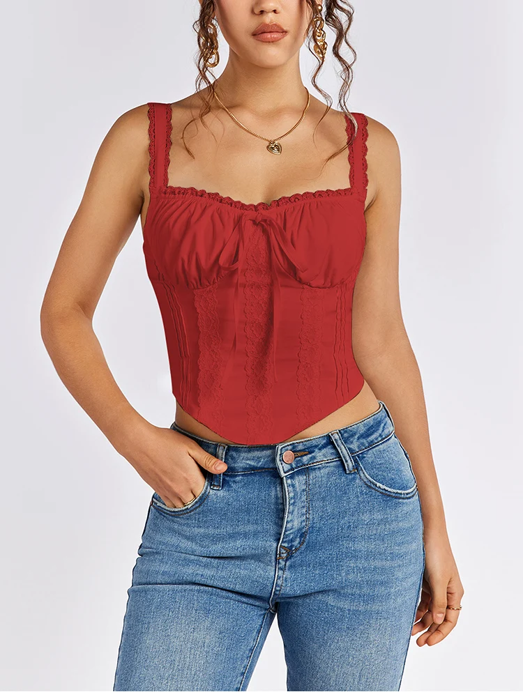 NewAsia Women's Sleeveless Spaghetti Strap Lace Crop Corset Top Backless Double Layer Fashion Casual Party Cami Bustier Tops