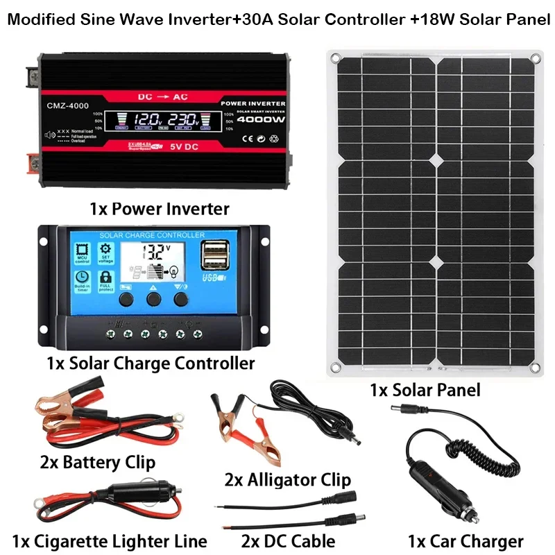 110V/220V Solar Panel System 18V18W Solar Panel + 30A Charge Controller + 4000W Modified Sine Wave Inverter Kit Power Generation Kit solar panel kit solar controller grid solar inverter