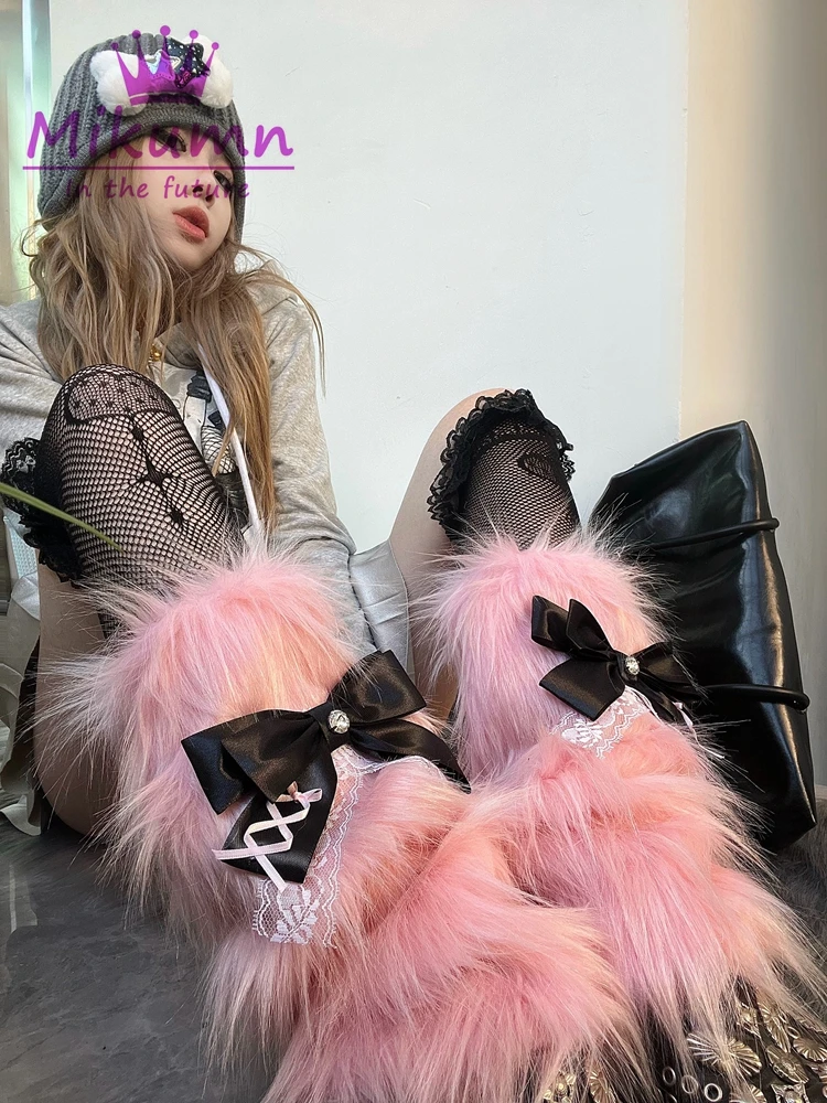 Harajuku Sweet Pink Bow Lace Faux Fur Leg Warmers Boot Cover Y2k Punk Girls Japanese Kawaii Streetwear Chic Leg Warm Socks