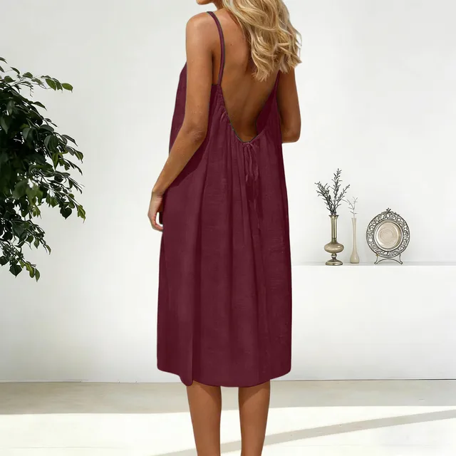 112327-35e2a5.jpg Robe sexy dos nu pour femmes, couleur unie, coupe ample, sans manches, robe courte réglable avec bretelles, robe d'été pour vacances à la plage