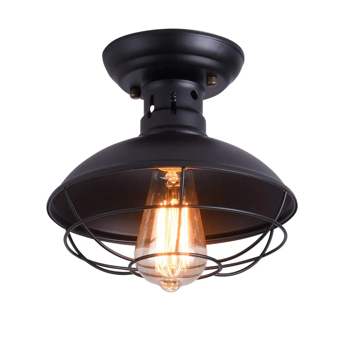 

Rustic Ceiling Light Black, E26 Mini Pendant Lighting Semi Flush with Metal Cage, Style Lamp Fixture for Stairway Foyer Porch