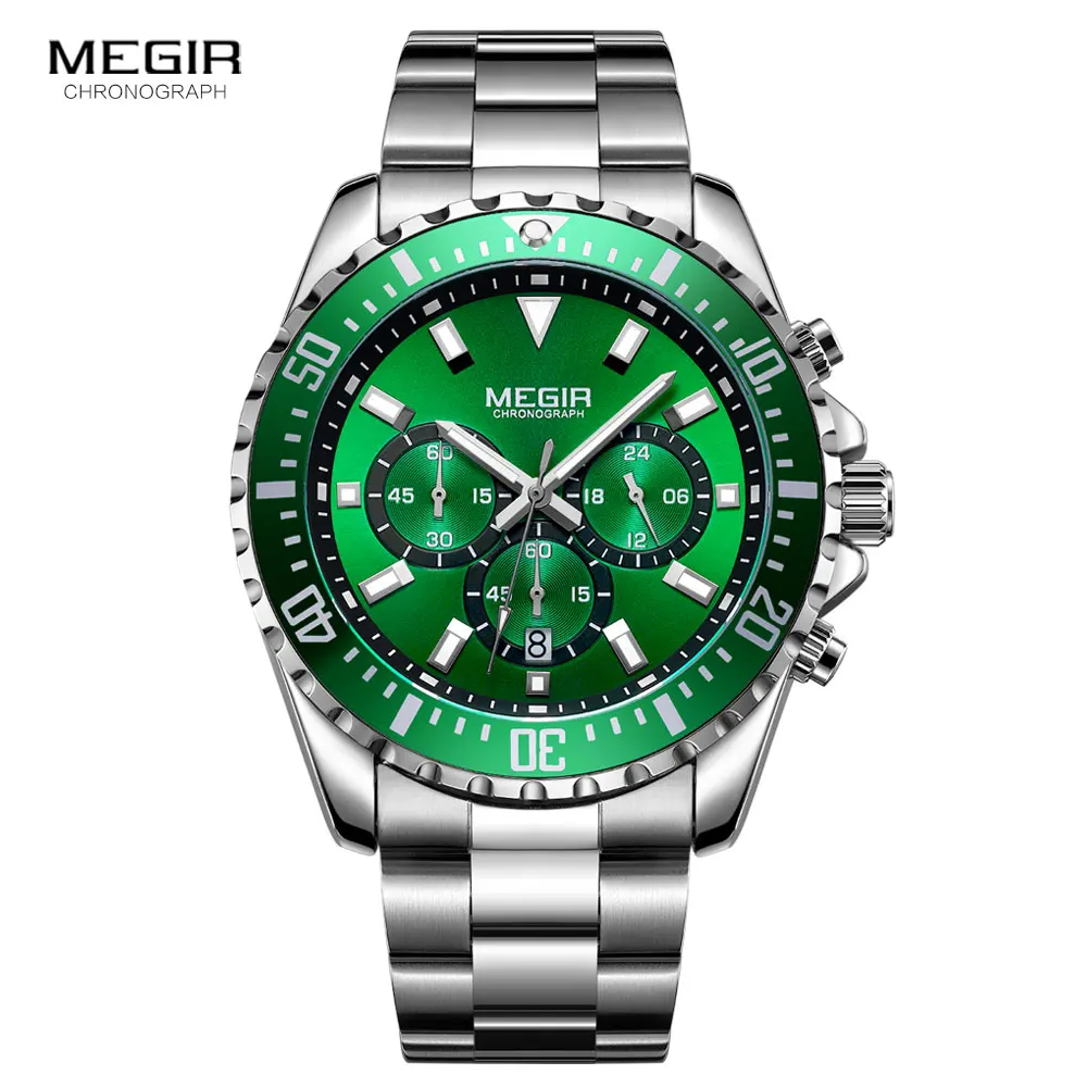 MEGIR Men's Stainless Steel Waterproof Chronograph Watch with Luminous Green Dial