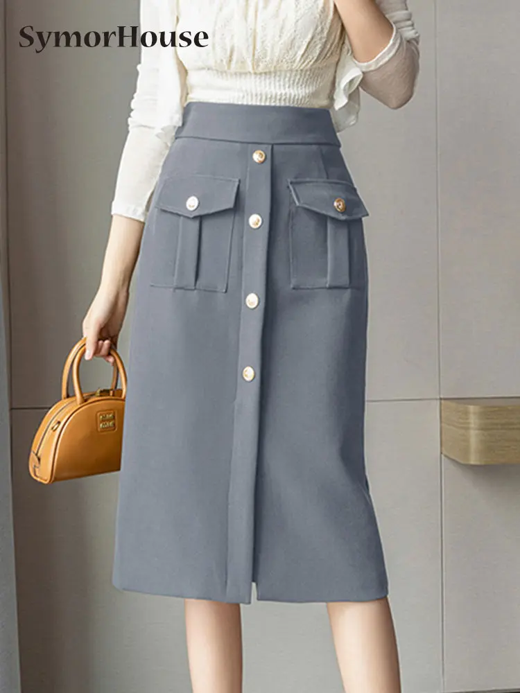 

2024 Spring Summer Autumn Casual Skirt Women Korean Single-Breasted Pocket Wrap -Hips Skirts High Waist Office A-Line Skirts