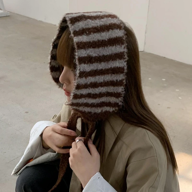 Ins Personality Contrasting Stripes Knitted Straps Earmuffs for Women Autumn and Winter Travel Versatile Warm Casual Hairdband