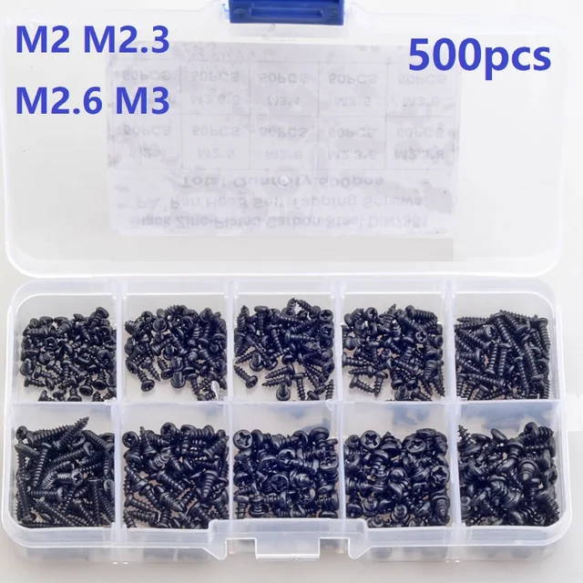 500pcs M2 M2.3 M2.6 M3 PA Phillips Black Screws Pan Round Head Self ...