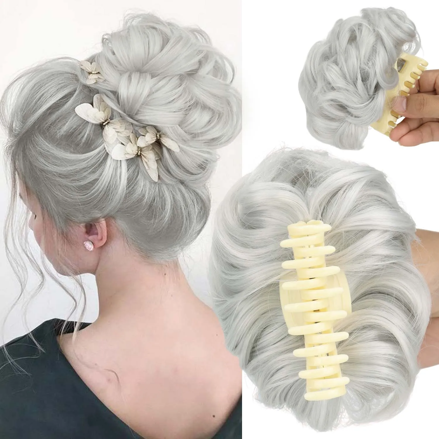 합성 메시 번 헤어피스 클로 클립 인 헤어 번 익스텐션 그레이 컬리 시뇽 헤어피..