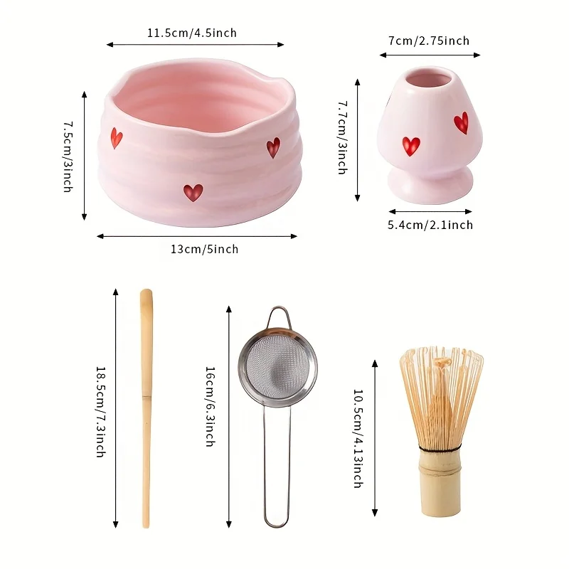 Pink Heart Decal Ceramic Matcha Set 5pcs Cute Matcha Set Includes Bowl Whisk and Holder Bamboo Scoop Sifter