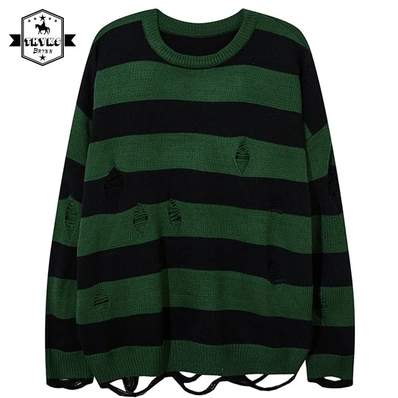 

Women Oversize Ripped Sweater Men Green Striped Lazy Wind Irregular Knitwear Couple Hip Hop Harajuku Retro Jumper Mens Clothes