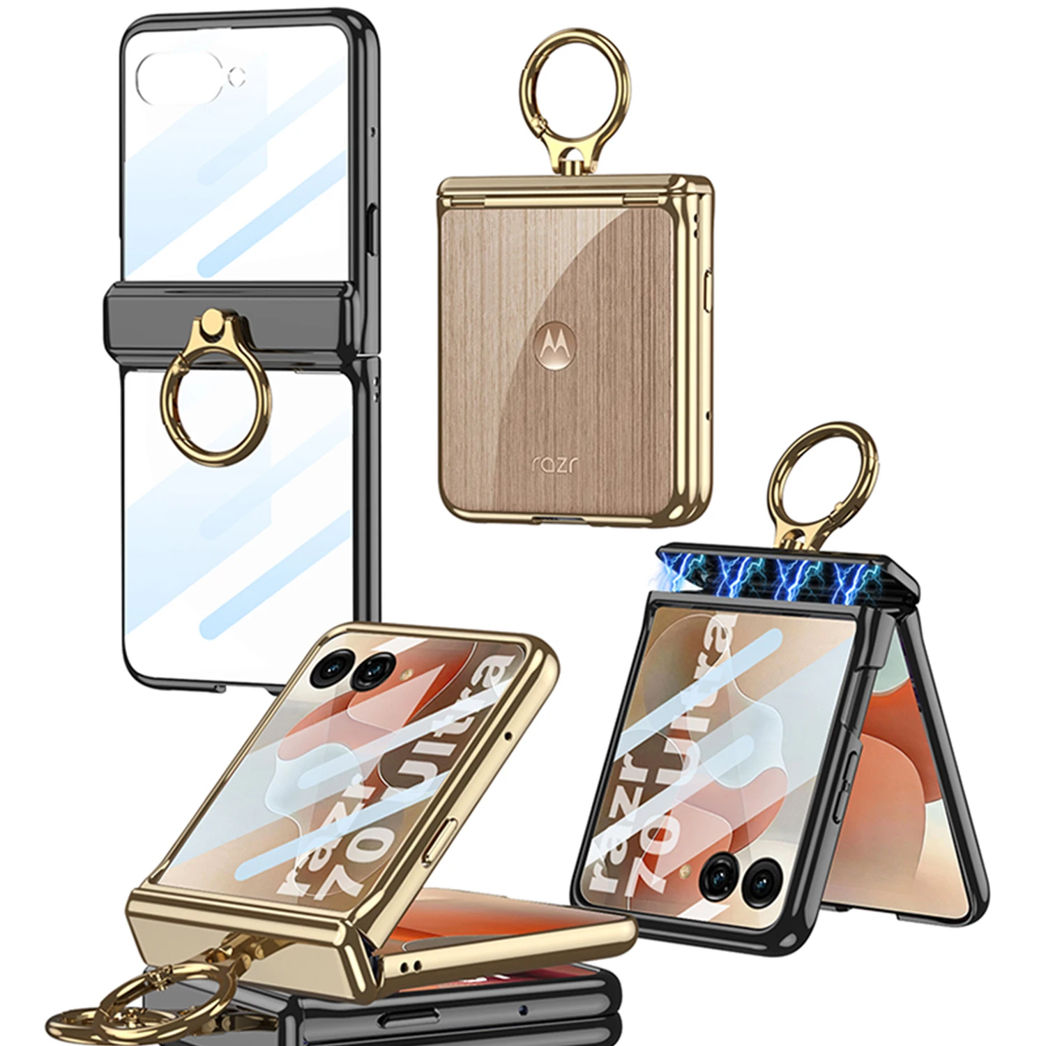 Electroplated Transparent Phone Case with Metal Ring Holder and Hinge Glass Protector