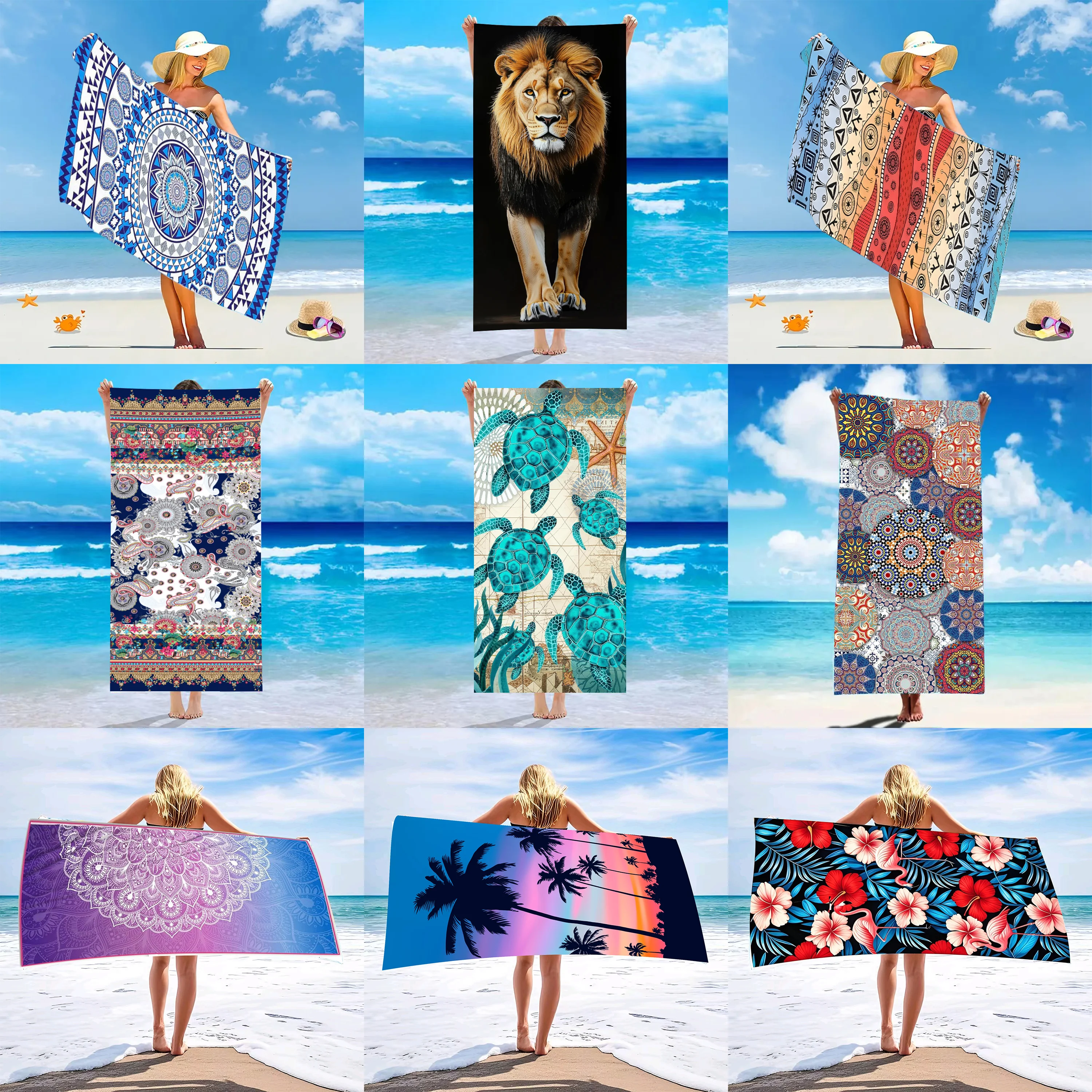 Extra Large Microfiber Beach Towel, Towel, Quick Dry Beach with Vivid Ocean and Mandala Floral Pattern, 31.5" * 70.8", Qu