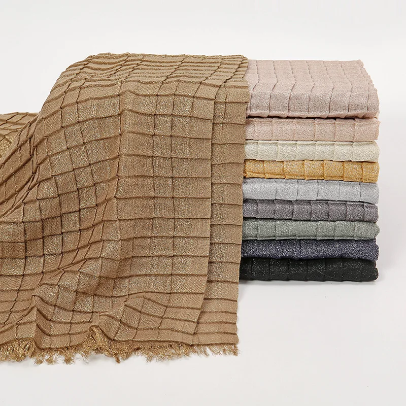 

New Solid Color Muslim Hijabs Pleated Shimmer Glitter Scarves Gold and Silver Silk Plaid Women Long Scarf Wraps Islamic Headband