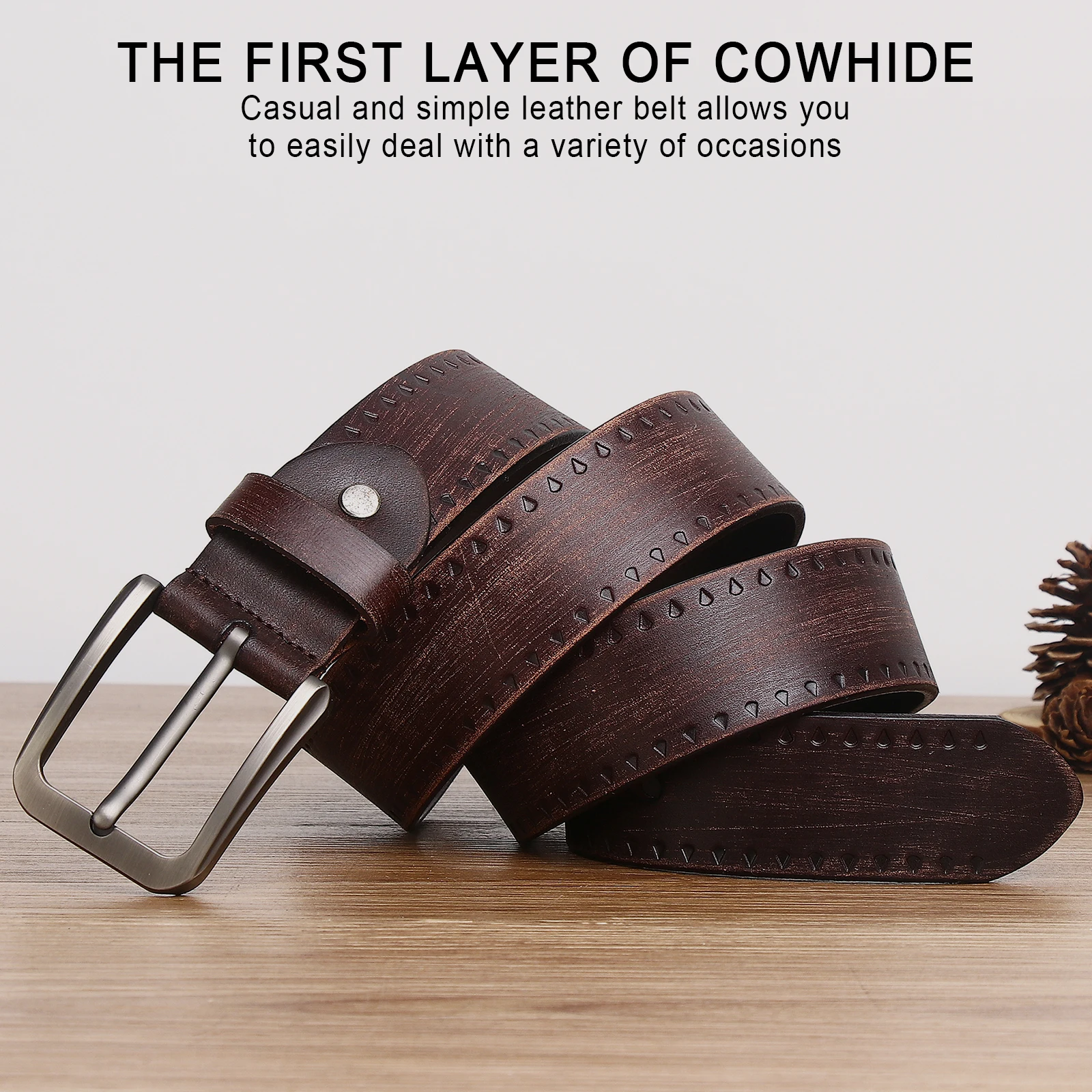 

3.8CM Country Style Handmade Genuine Leather Belt For Men Double Row Stitched Fashion Design Men's Everyday Belt Brown Luxury