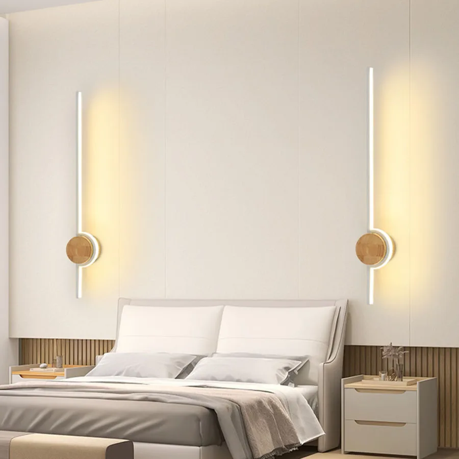 

Nordic Wooden Long LED Wall Lamp Walnut Wood Long Strip Wall Light Living Room Background Wall Sconce Bedroom Bedside Wall Light