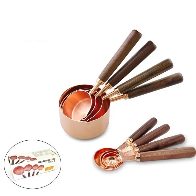 Walnut Wooden Handle Stainless Steel gram Measuring Cups Spoons Plated Copper Rose Gold Kitchen Baking scale Measuring Spoon Set