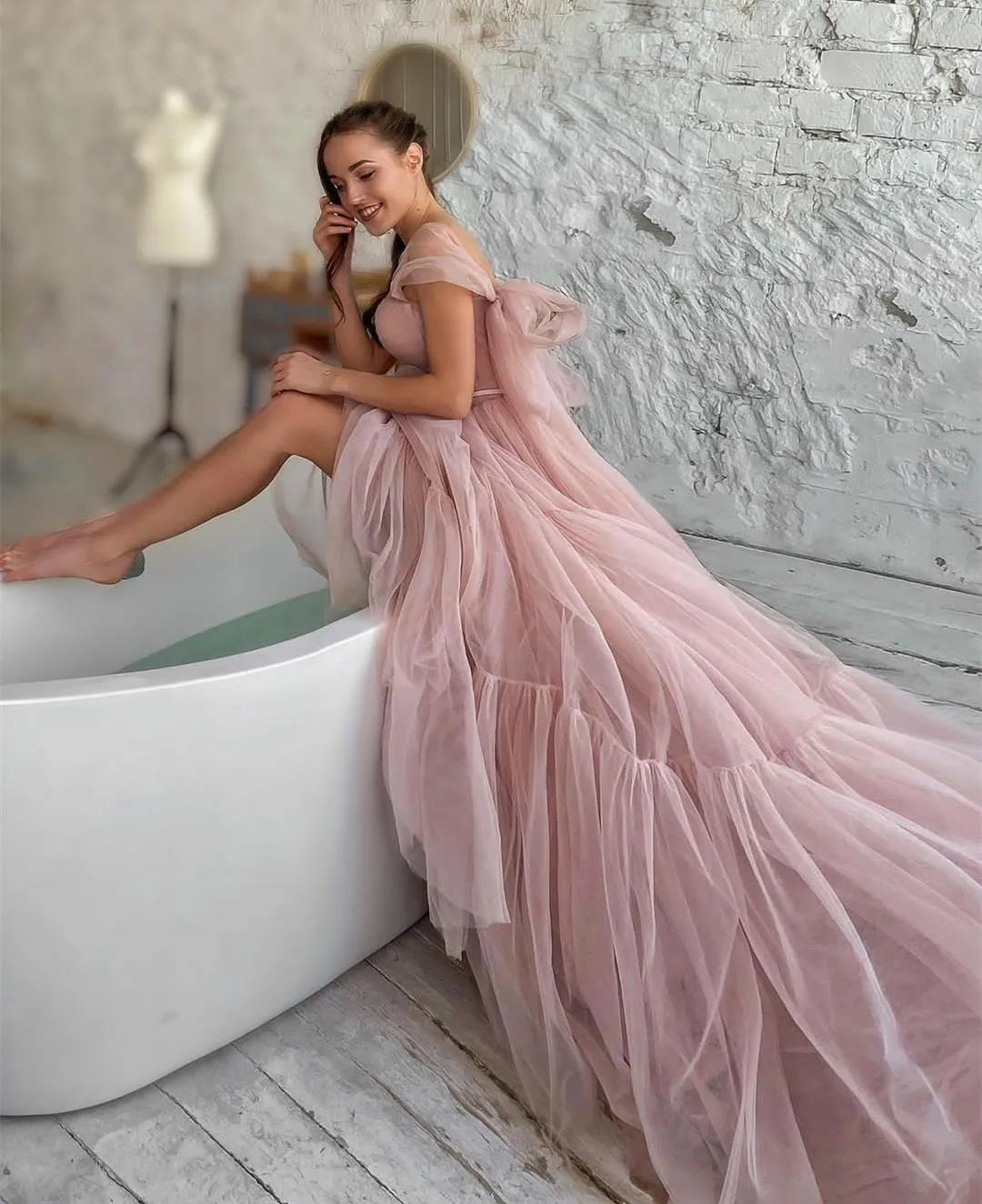 gold evening gowns Classic Long Tulle Pink Evening Dresses A-Line فساتين السهرة Pleated Sweep Train Robe De Soiree Longue Party Gowns for Women white evening dresses